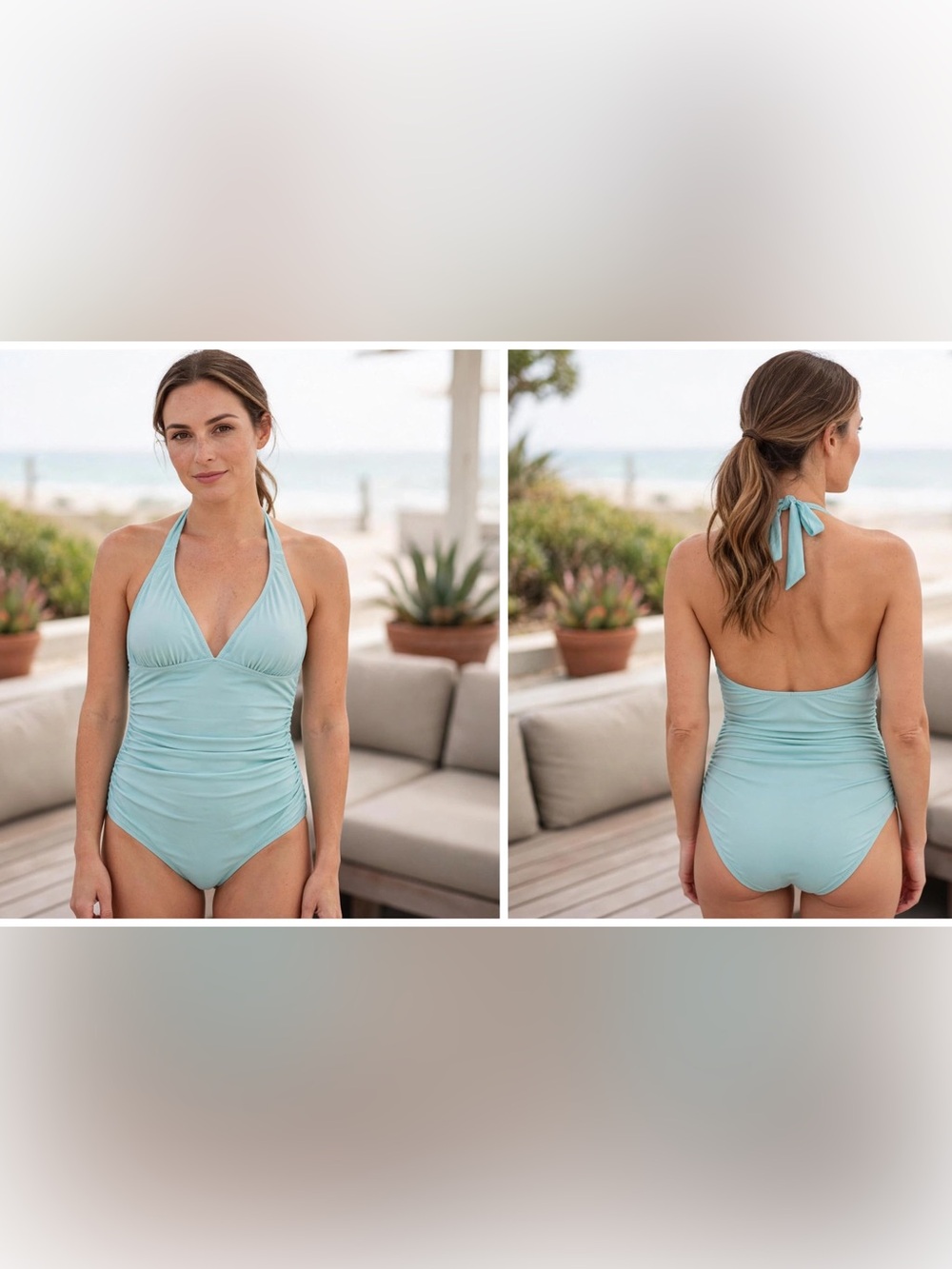 Tie-Halter One-Piece Swimsuit in Light Aqua with Ruching - Picture 1 of 7